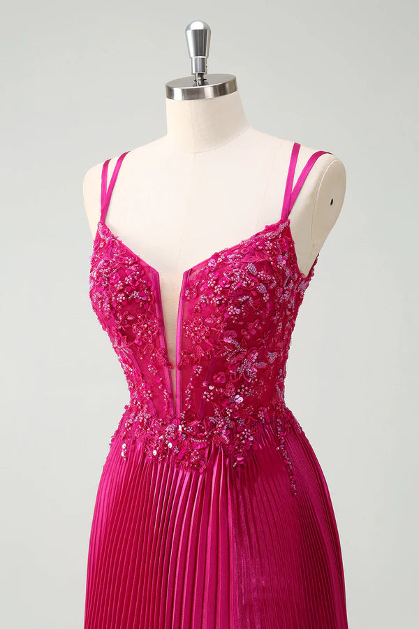 Fuchsia Sheath Spaghetti Straps Pleated Long Corset Prom Dress with Appliques simple gentle atmospheric and unique desi