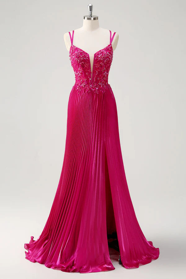 Fuchsia Sheath Spaghetti Straps Pleated Long Corset Prom Dress with Appliques simple gentle atmospheric and unique desi
