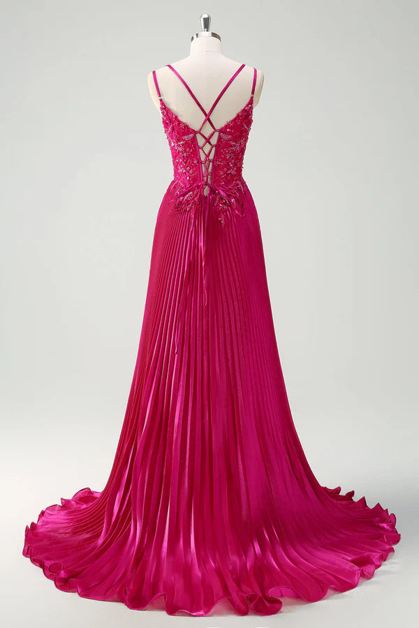 Fuchsia Sheath Spaghetti Straps Pleated Long Corset Prom Dress with Appliques simple gentle atmospheric and unique desi