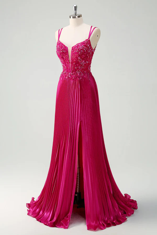 Fuchsia Sheath Spaghetti Straps Pleated Long Corset Prom Dress with Appliques simple gentle atmospheric and unique desi