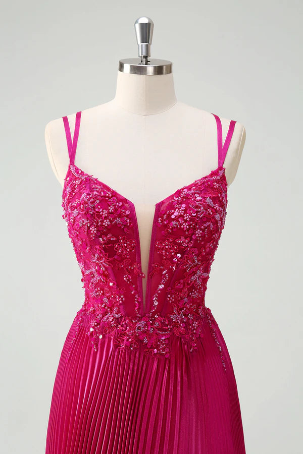 Fuchsia Sheath Spaghetti Straps Pleated Long Corset Prom Dress with Appliques simple gentle atmospheric and unique desi