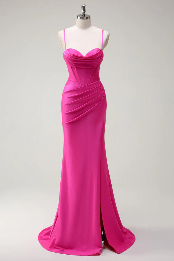 Fuchsia Spaghetti Straps Mermaid Long Prom Dress with Slit simple gentle atmospheric and unique desi Bring summer colors to enhance whiteness