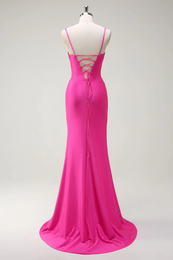 Fuchsia Spaghetti Straps Mermaid Long Prom Dress with Slit simple gentle atmospheric and unique desi Bring summer colors to enhance whiteness