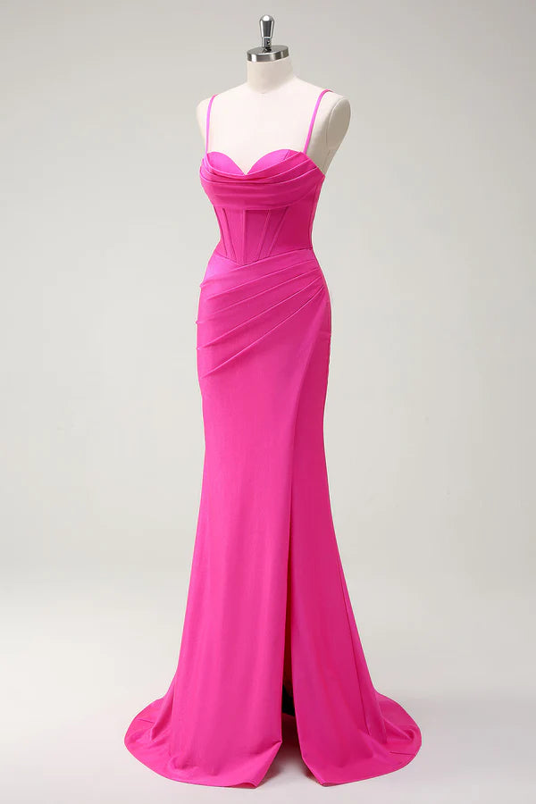 Fuchsia Spaghetti Straps Mermaid Long Prom Dress with Slit simple gentle atmospheric and unique desi Bring summer colors to enhance whiteness