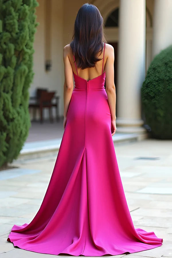 Fuchsia Spaghetti Straps Sheath Prom Dress simple gentle atmospheric and unique desi Bring summer colors to enhance whiteness