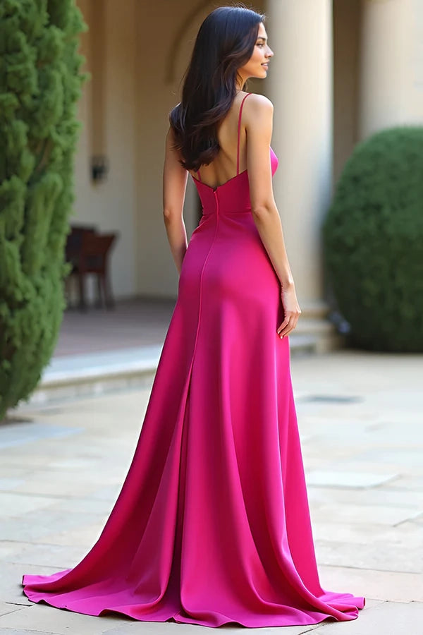 Fuchsia Spaghetti Straps Sheath Prom Dress simple gentle atmospheric and unique desi Bring summer colors to enhance whiteness