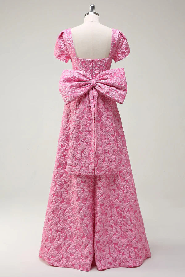 Fuchsia Square Neck A-Line Bow Floral Prom Dress with Slit simple gentle atmospheric and unique desi Bring summer colors to enhance whiteness