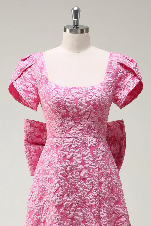 Fuchsia Square Neck A-Line Bow Floral Prom Dress with Slit simple gentle atmospheric and unique desi Bring summer colors to enhance whiteness