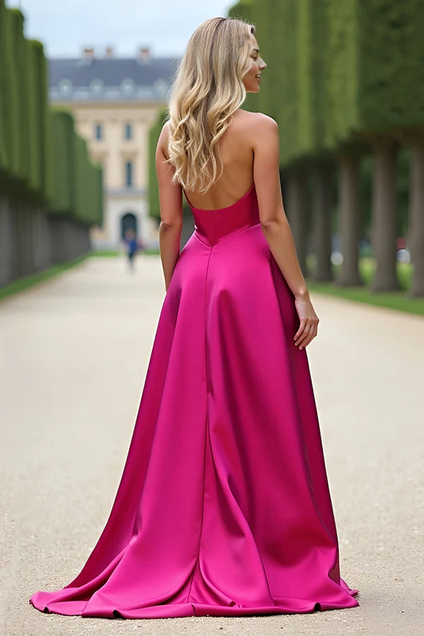 Fuchsia Strapless A Line Prom Dress With Slit simple gentle atmospheric and unique desi Bring summer colors to enhance whiteness