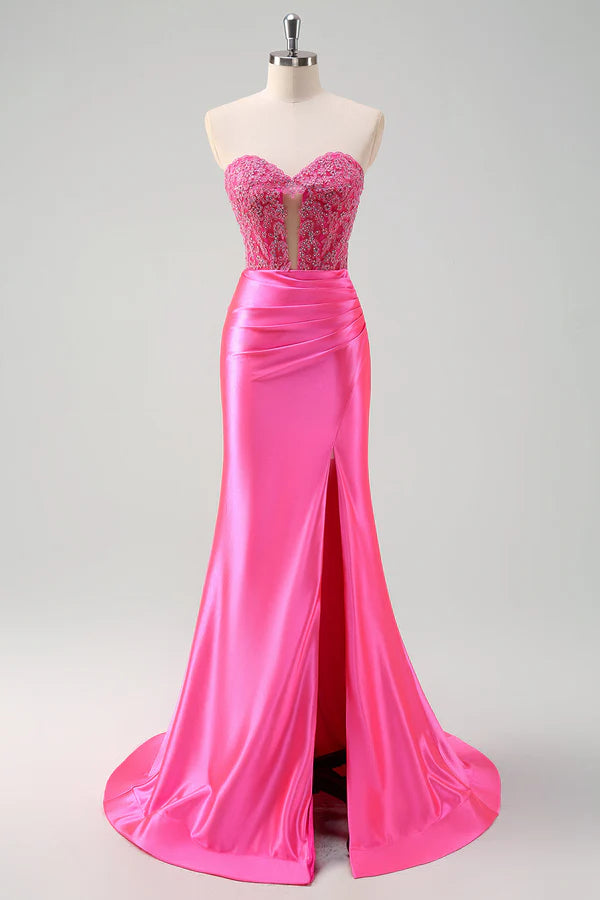 Fuchsia Sweetheart Mermaid Satin Long Corset Prom Dress with Appliques simple gentle atmospheric and unique desi