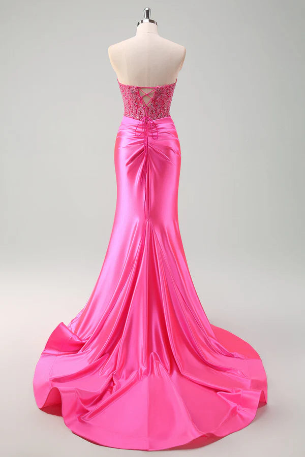 Fuchsia Sweetheart Mermaid Satin Long Corset Prom Dress with Appliques simple gentle atmospheric and unique desi