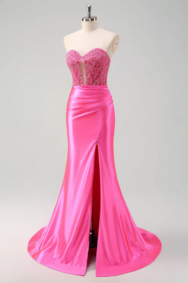 Fuchsia Sweetheart Mermaid Satin Long Corset Prom Dress with Appliques simple gentle atmospheric and unique desi