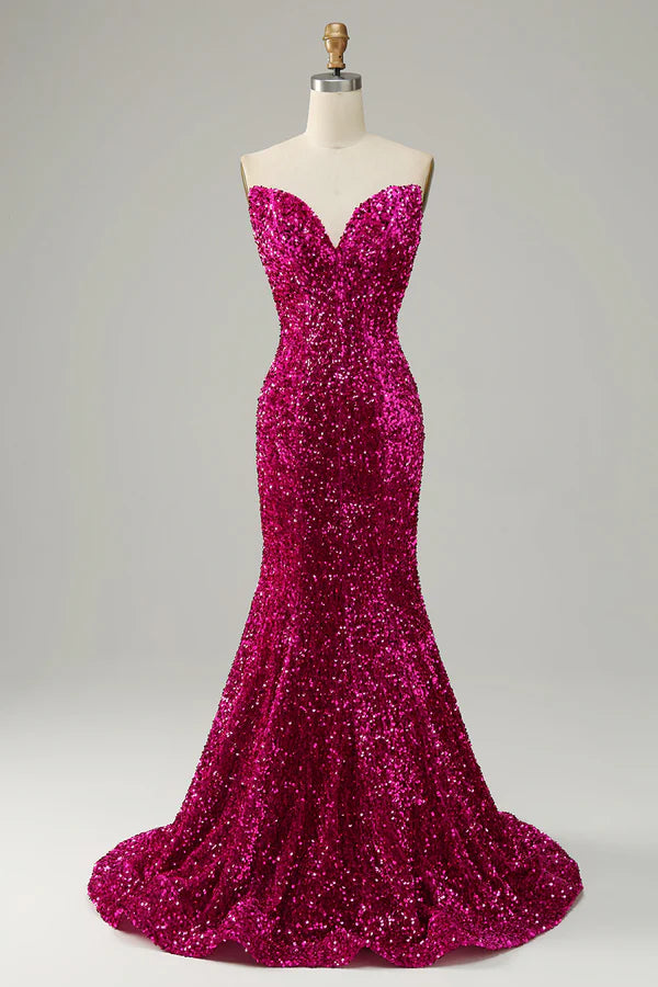 Fuchsia Sweetheart Neck Sequined Mermaid Prom Dress With Sweep Train Simple gentle atmospheric and unique design