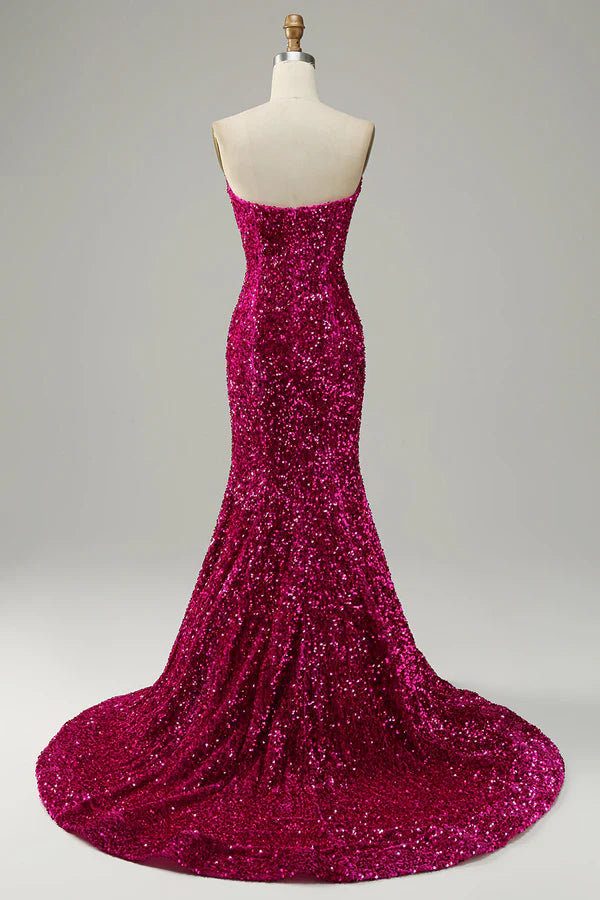 Fuchsia Sweetheart Neck Sequined Mermaid Prom Dress With Sweep Train Simple gentle atmospheric and unique design