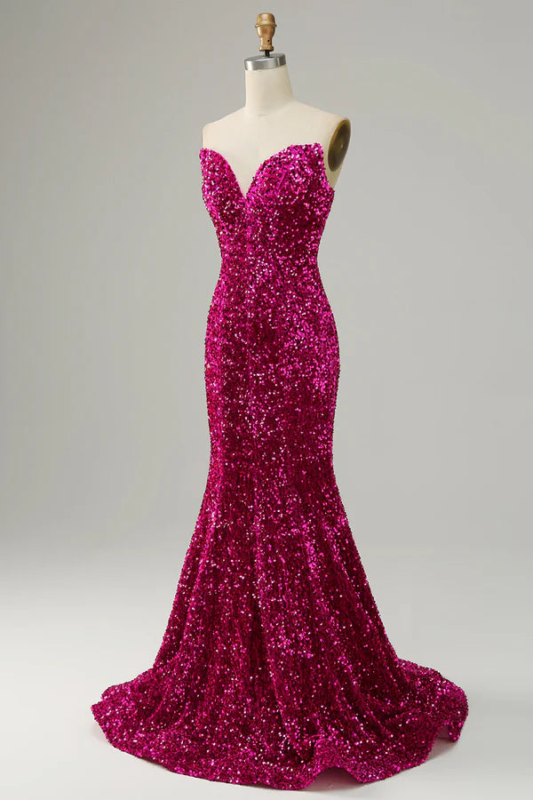 Fuchsia Sweetheart Neck Sequined Mermaid Prom Dress With Sweep Train Simple gentle atmospheric and unique design