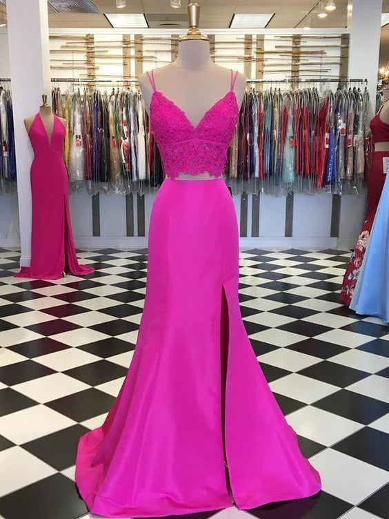 Fuchsia V Neck Two Pieces Mermaid Lace Top Satin Long Prom Dress with Slit Mermaid Lace Fuchsia Formal Graduation Evening Dresses simple gentle atmospheric and unique desi Bring summer colors to enhance whiteness