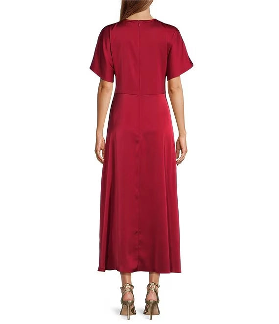 Gabriella Crew Neck Short Sleeve Satin Maxi Dress simple gentle atmospheric and unique desi Bring summer colors to enhance white
