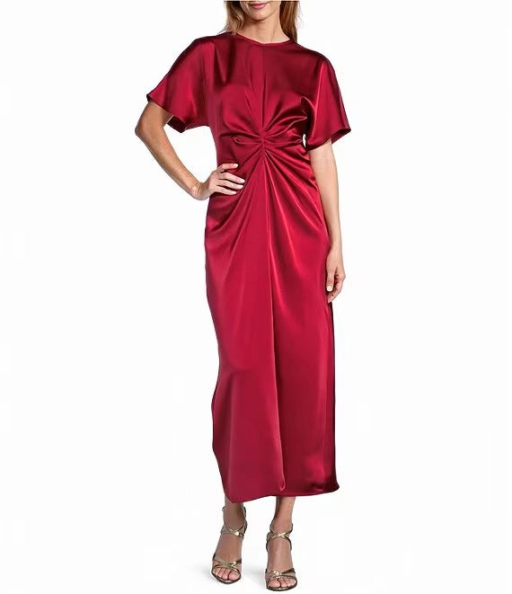 Gabriella Crew Neck Short Sleeve Satin Maxi Dress simple gentle atmospheric and unique desi Bring summer colors to enhance whiteness