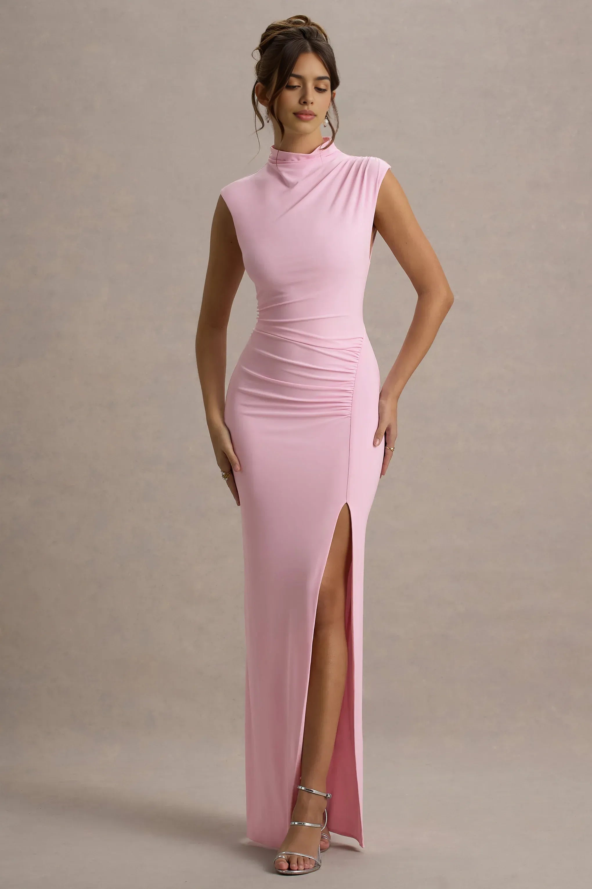 Gentle Sheath Turtleneck Cap Sleeve Ruched Back Floor Length For Sale Evening Dress ﻿