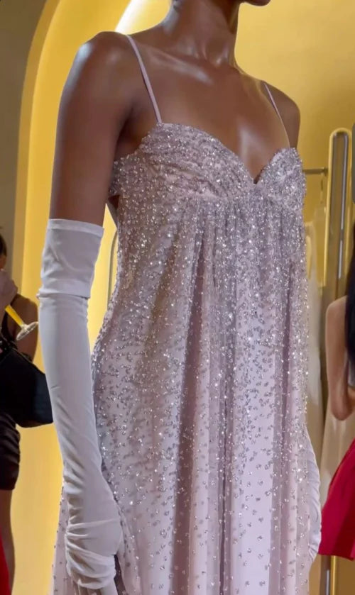 Gentle Pink A Line Spaghetti Strap Sequin Tulle Long Prom Dress Evening Dress Formal Dress  simple gentle atmospheric and unique desi Bring summer colors to enhance whiteness