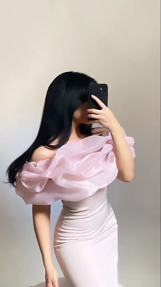 Gentle Pink Mermaid Off the Shoulder Organza Satin Prom Dress Party Dress with Slit simple gentle atmospheric and unique desi Bring summer colors to enhance whiteness