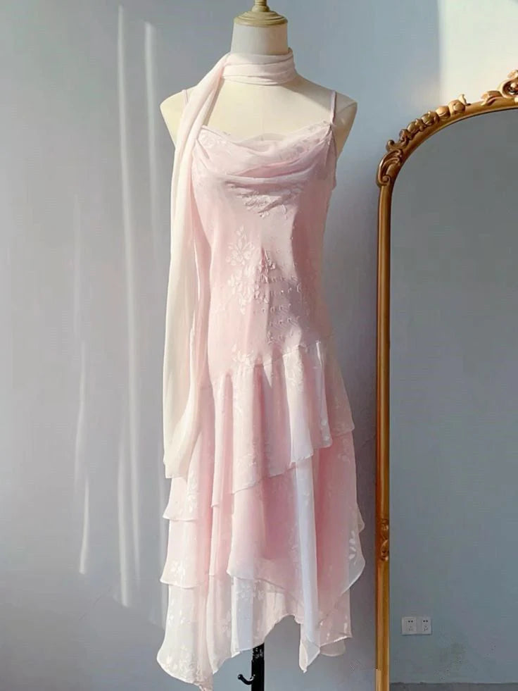 Gentle Pink Print Floral A Line Spaghetti Strap Ruffle Chiffon Party Dress Homecoming Dress simple gentle atmospheric and unique desi Bring summer colors to enhance whiteness ﻿