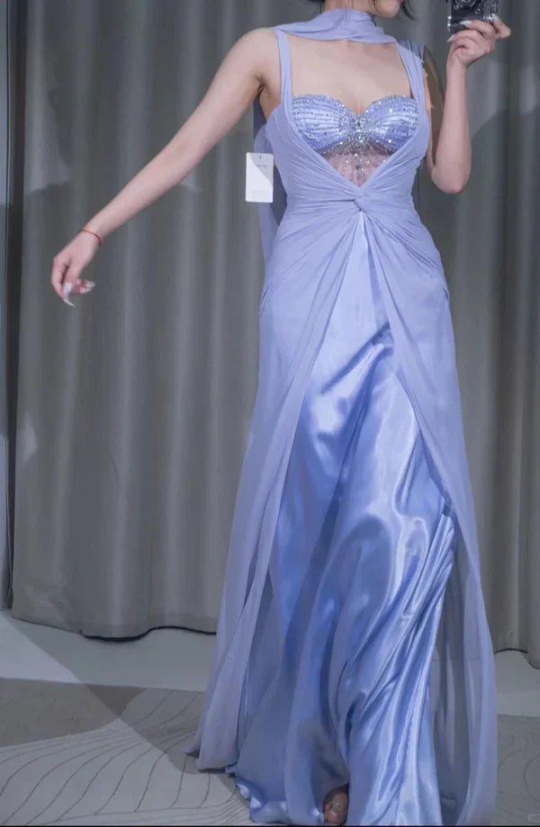 Gentle Purple A Line Strap Beaded Chiffon Satin Prom Dress Evening Dress simple gentle atmospheric and unique desi Bring summer colors to enhance whiteness