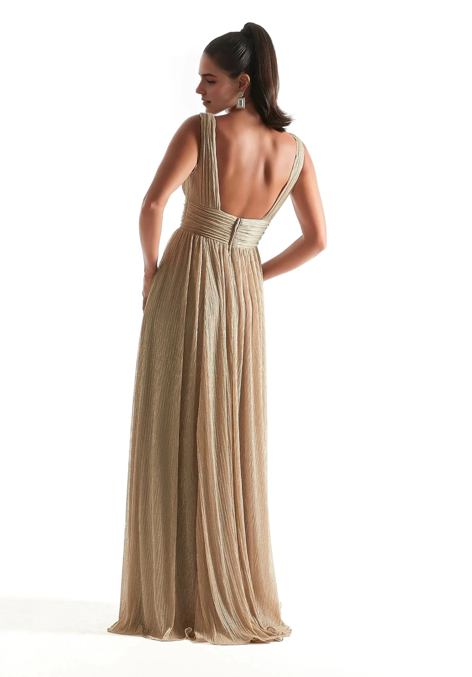 Glamorous A-Line Deep-Plunge Sleeveless Open-Back Floor-Length Prom Dress