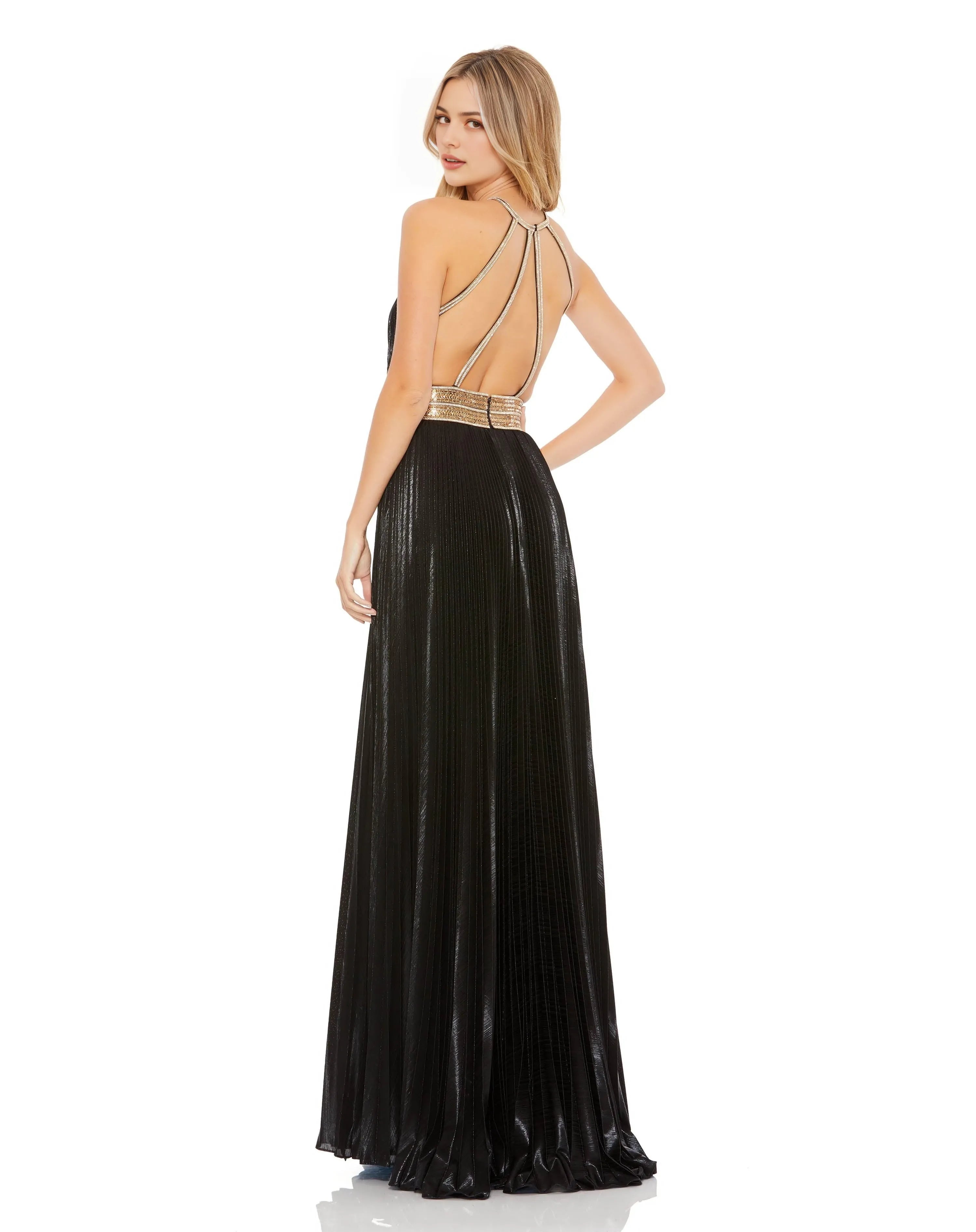 Glamorous A-Line Halter Sleeveless Cross-Back Floor-Length Pleated Prom Dress