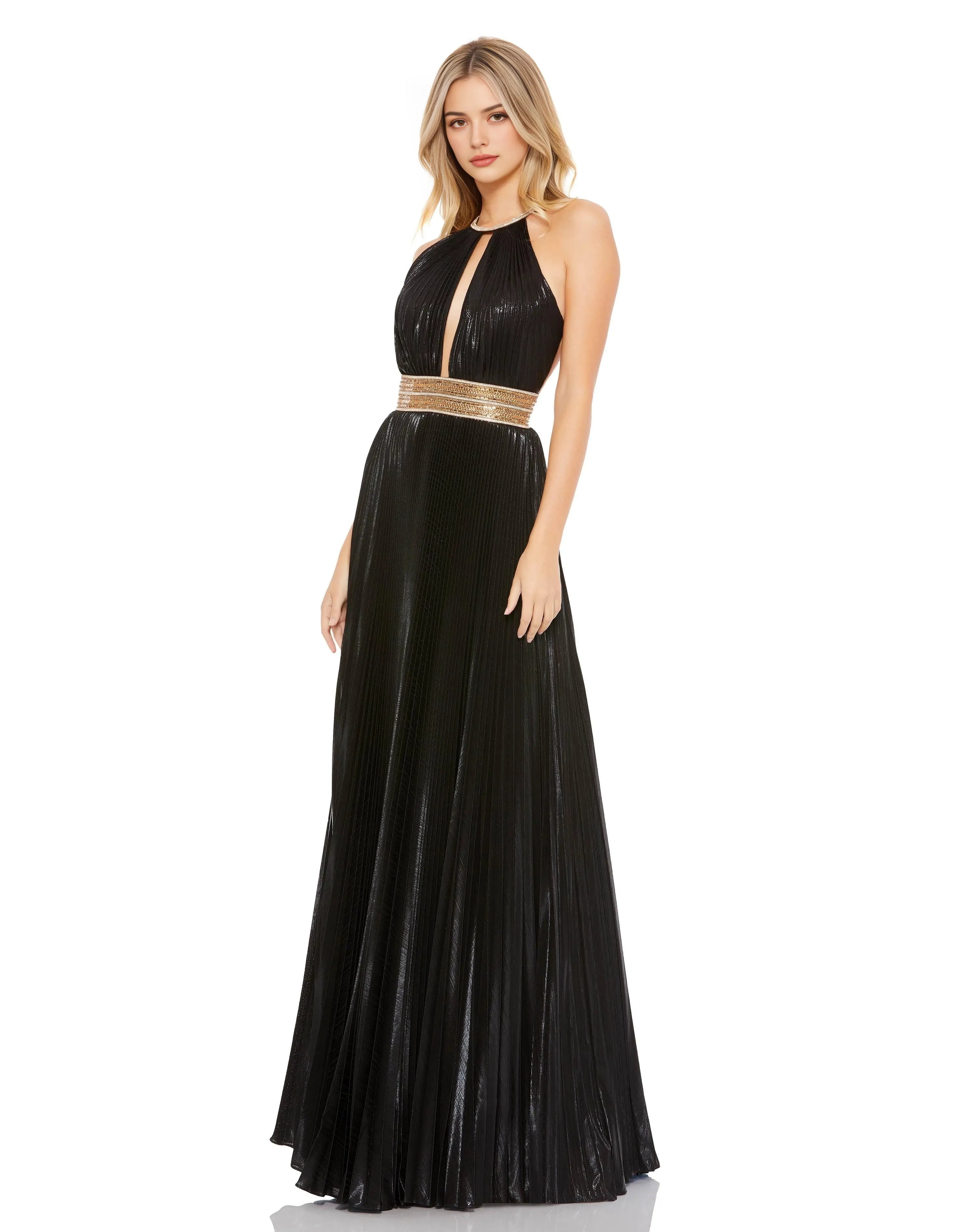 Glamorous A-Line Halter Sleeveless Cross-Back Floor-Length Pleated Prom Dress