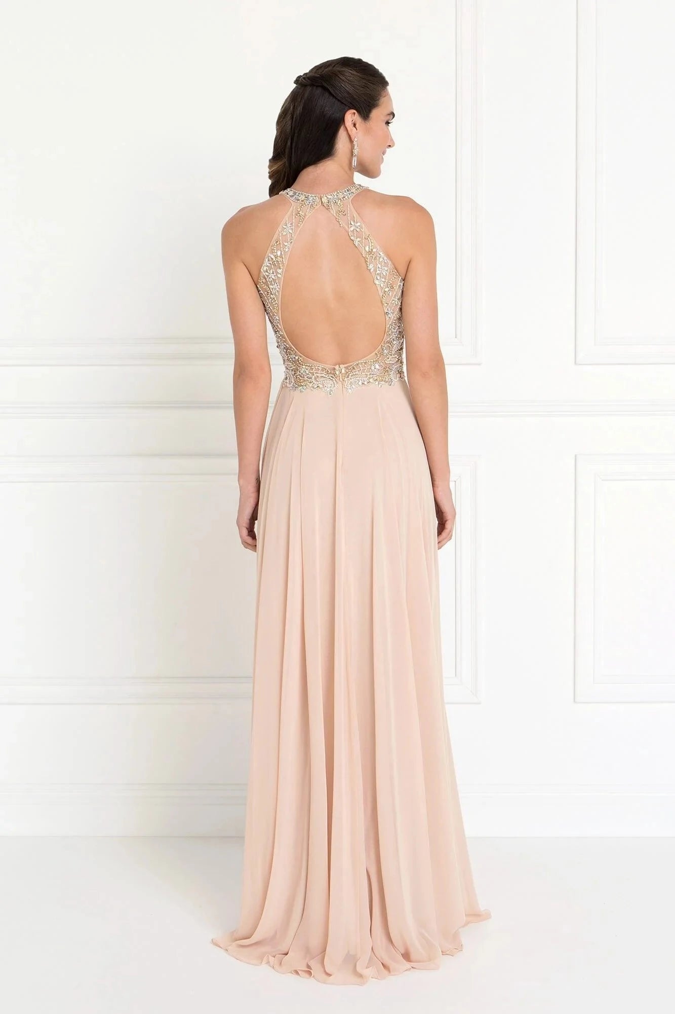 Glamorous A-Line Halter Sleeveless Keyhole-Back Floor-Length Beaded Prom Dress