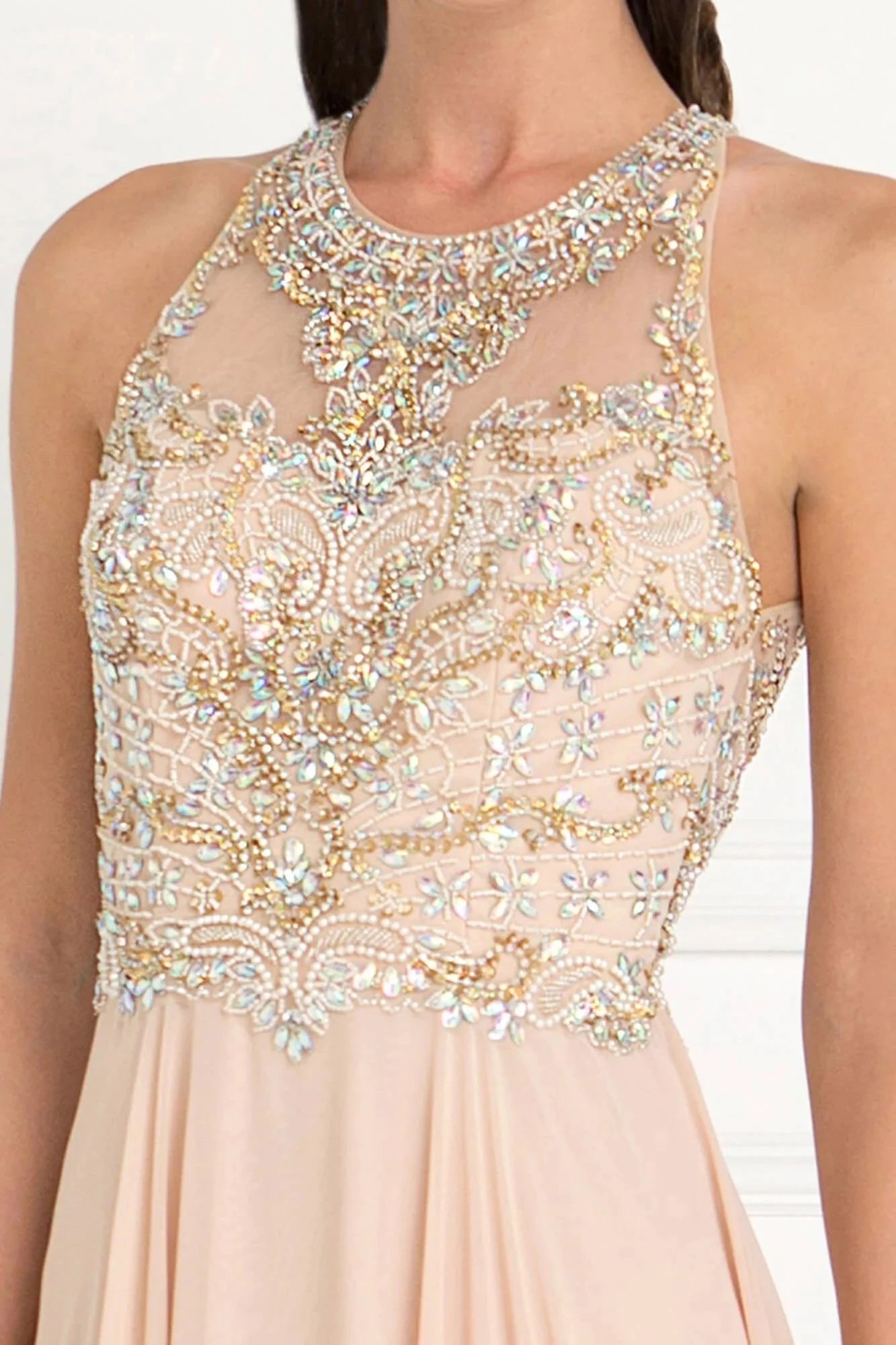 Glamorous A-Line Halter Sleeveless Keyhole-Back Floor-Length Beaded Prom Dress