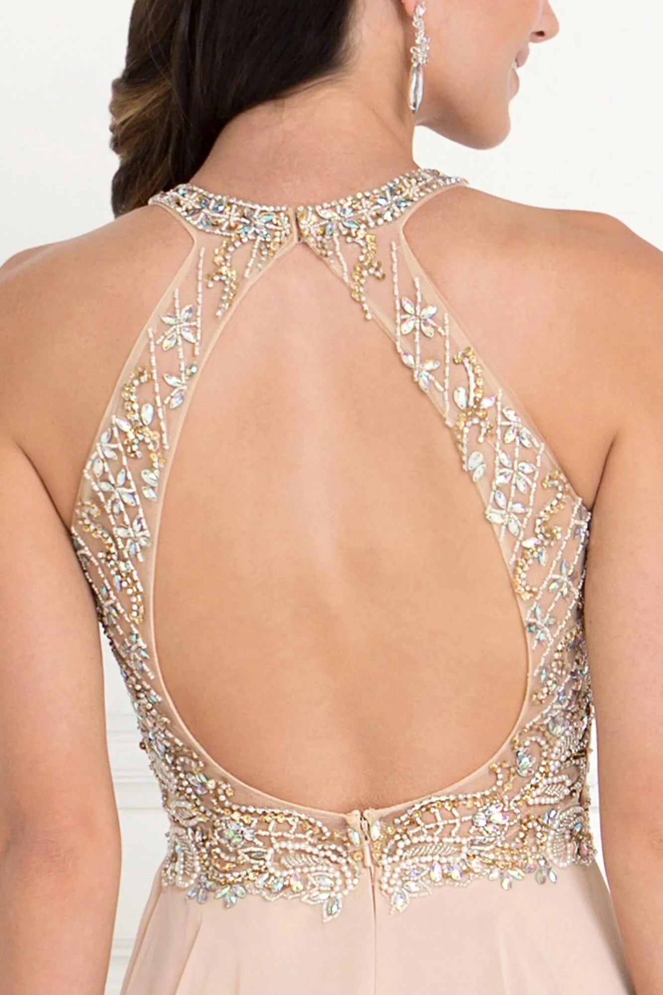 Glamorous A-Line Halter Sleeveless Keyhole-Back Floor-Length Beaded Prom Dress