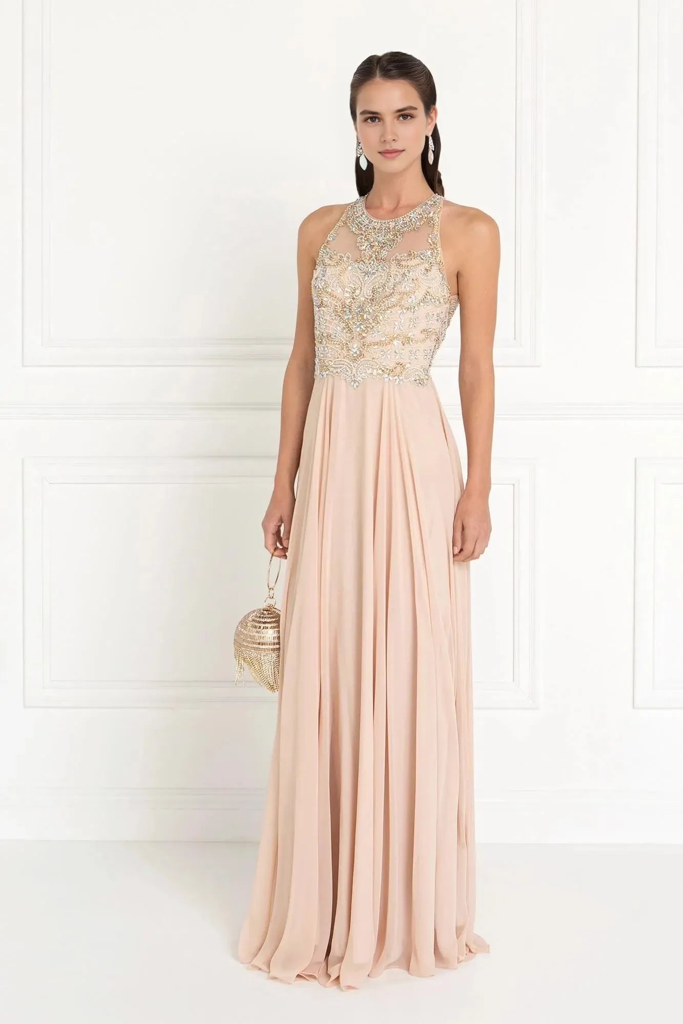Glamorous A-Line Halter Sleeveless Keyhole-Back Floor-Length Beaded Prom Dress