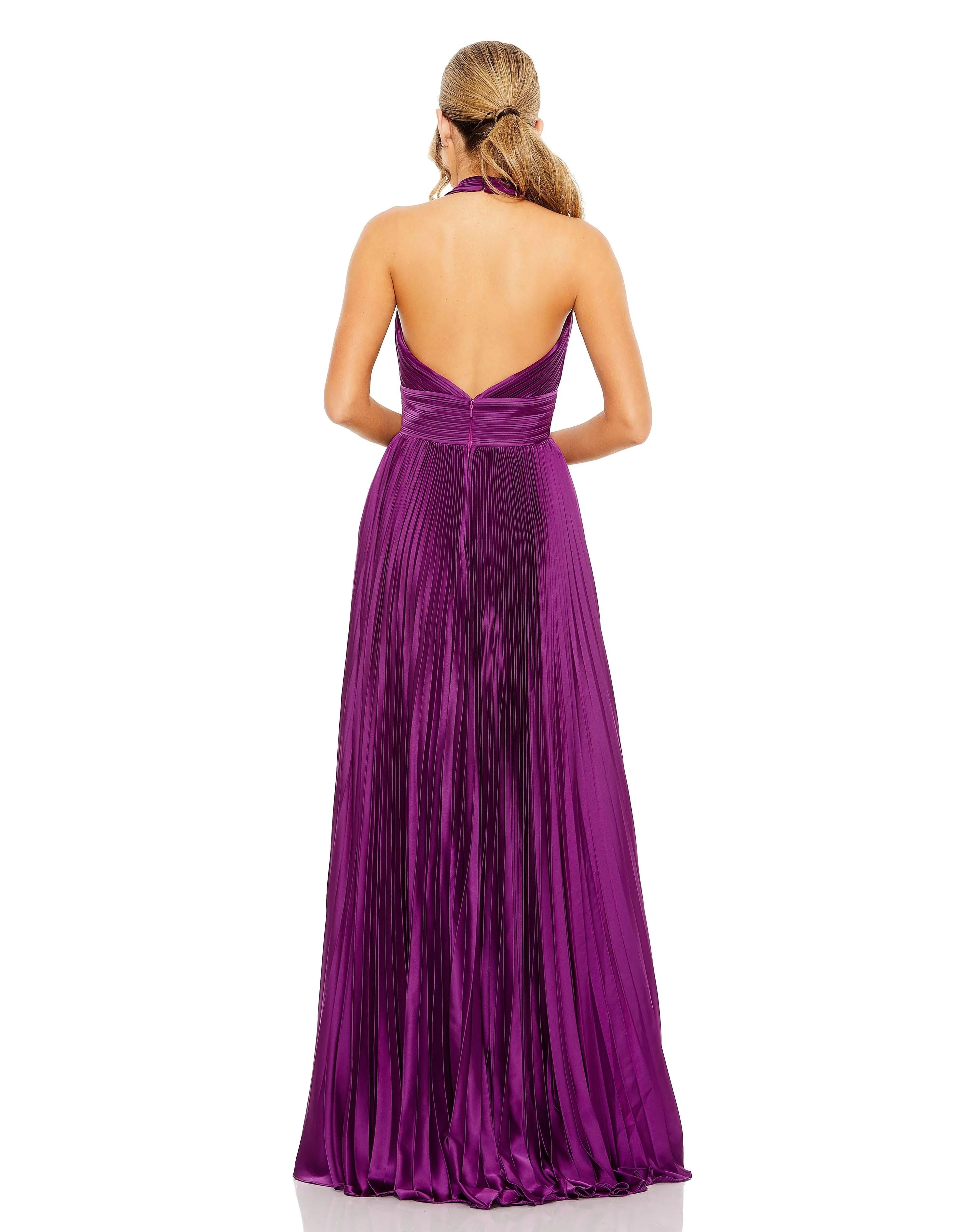 Glamorous A-Line Halter Sleeveless Open-Back Floor-Length Pleated Prom Dress