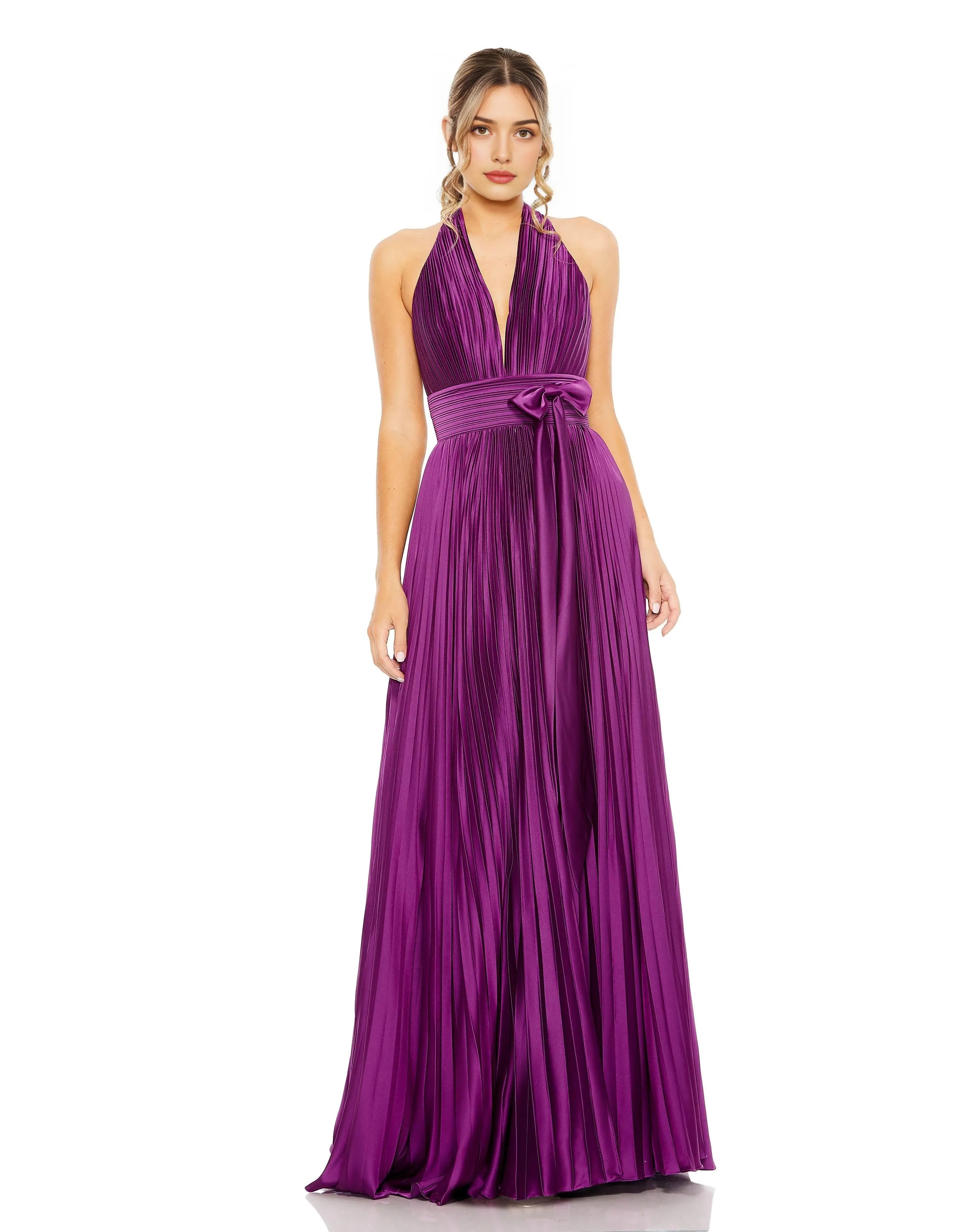 Glamorous A-Line Halter Sleeveless Open-Back Floor-Length Pleated Prom Dress