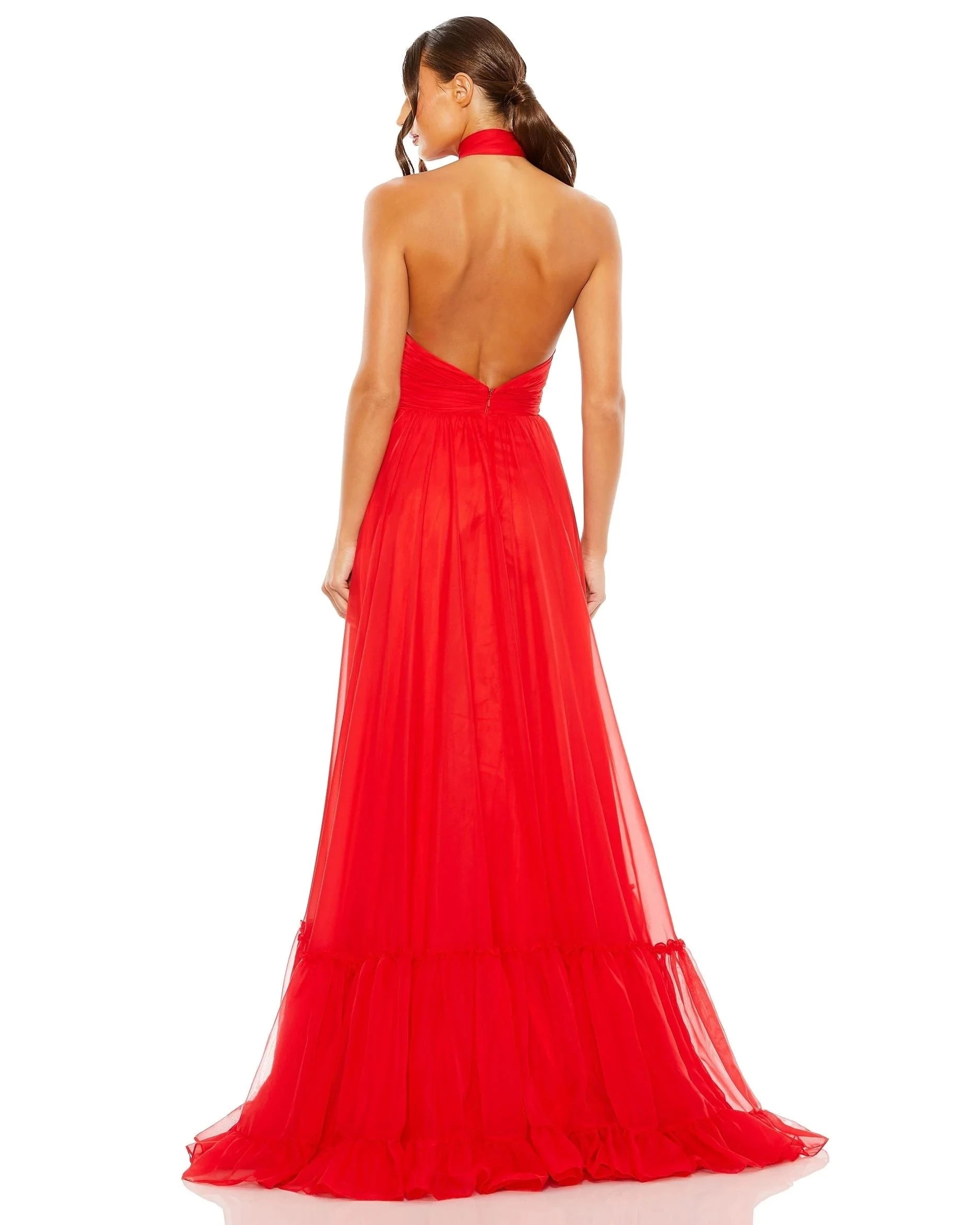 Glamorous A-Line Halter Sleeveless Open Back Train Floor Length Prom Dress