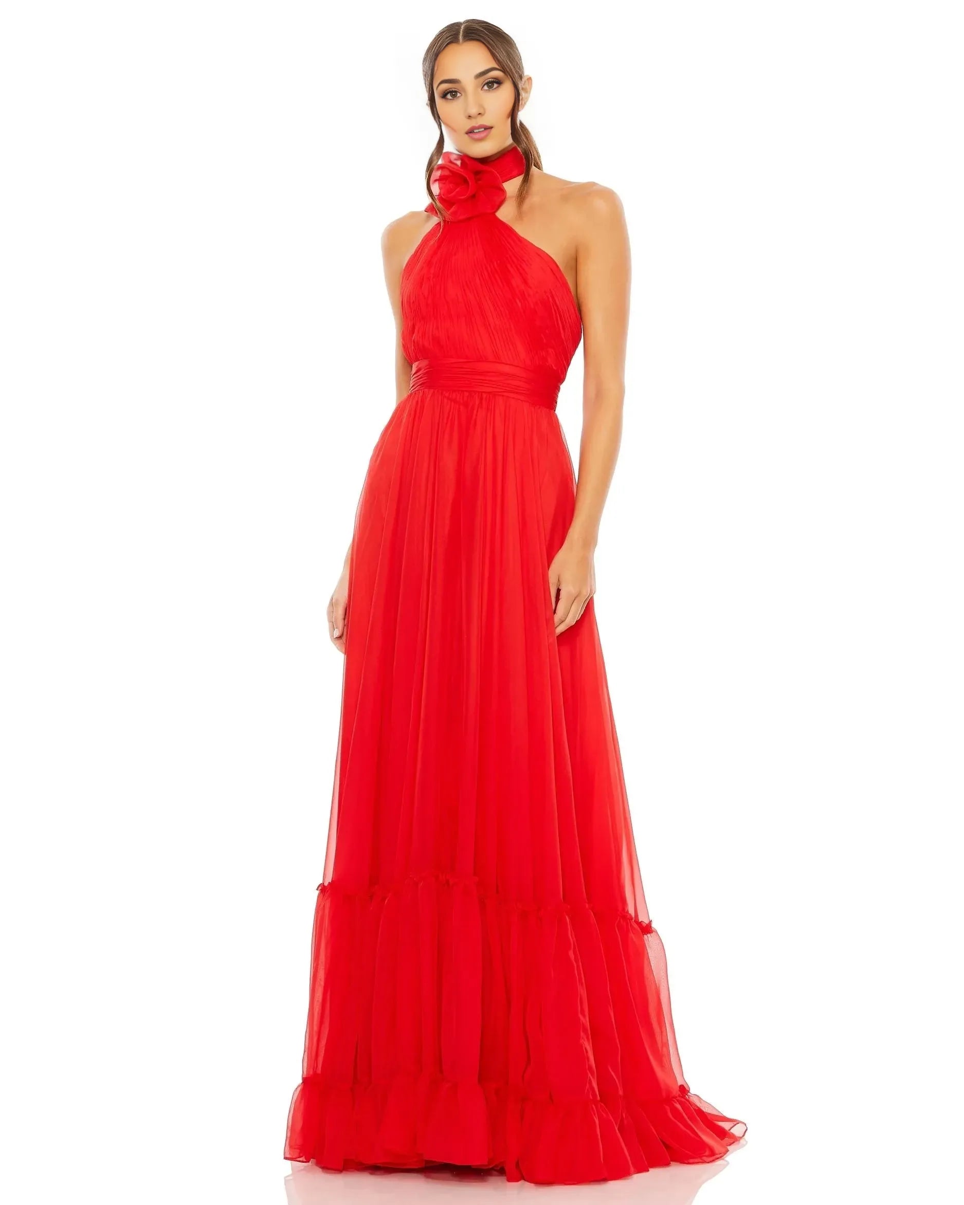 Glamorous A-Line Halter Sleeveless Open Back Train Floor Length Prom Dress
