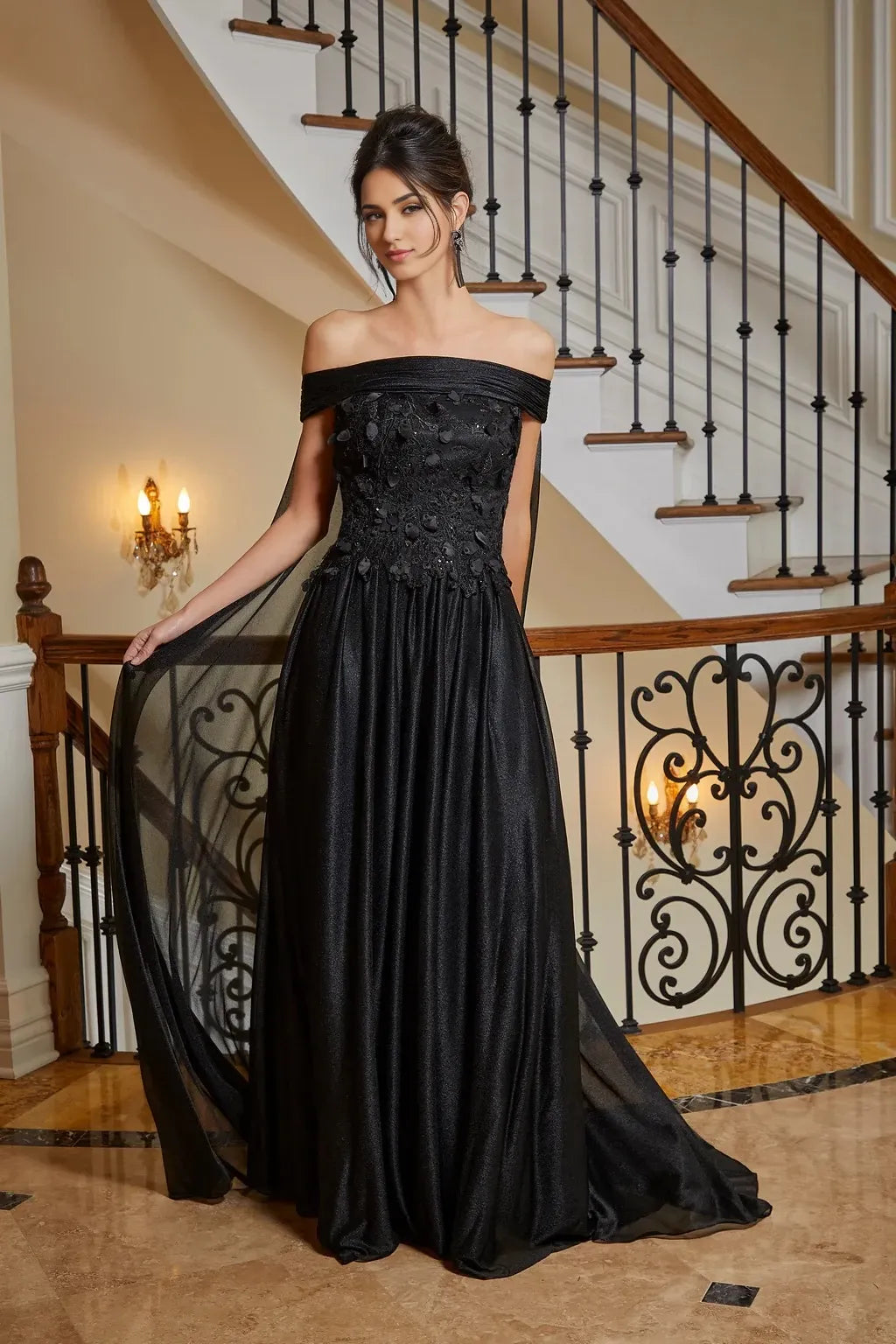 Glamorous A-Line Off-Shoulder Sleeveless Zipper-Back Train-Floor-Length Prom Dress