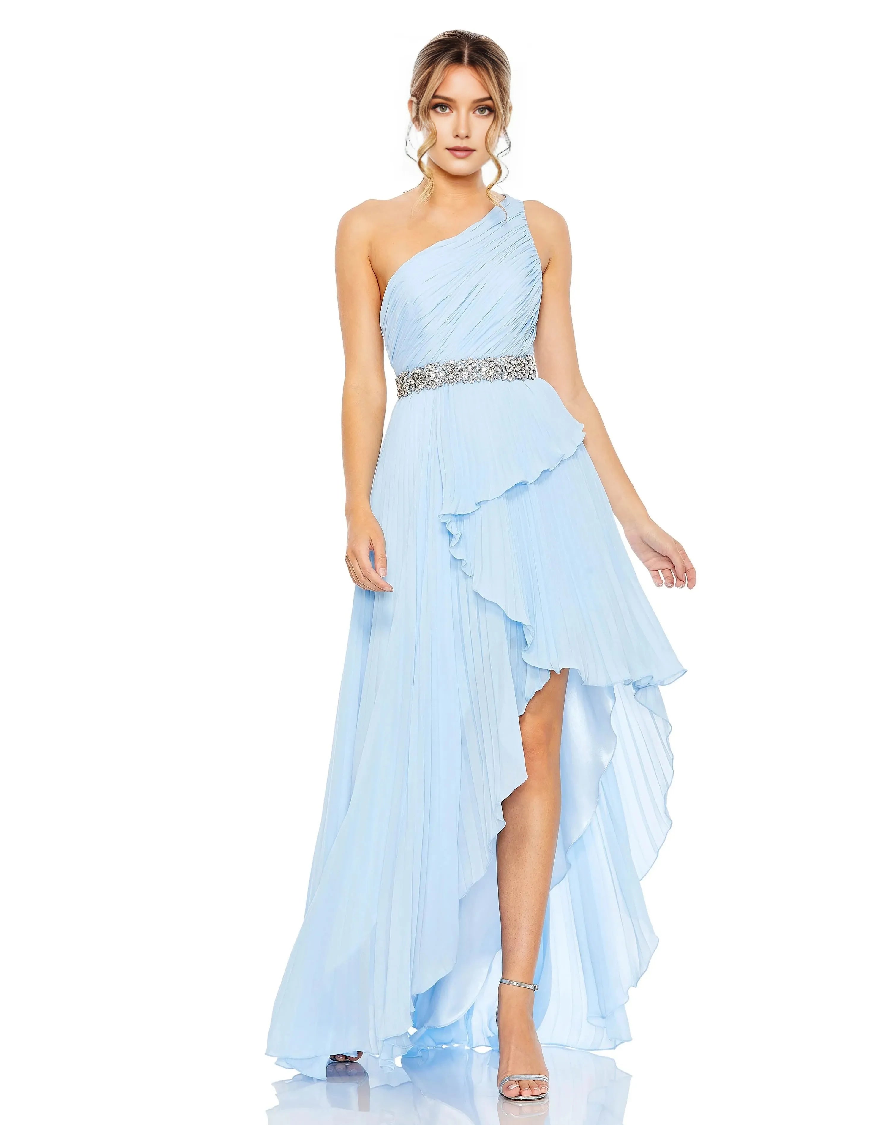 Glamorous A-Line One-Shoulder Sleeveless Open-Back High-Low Pleated Prom Dress