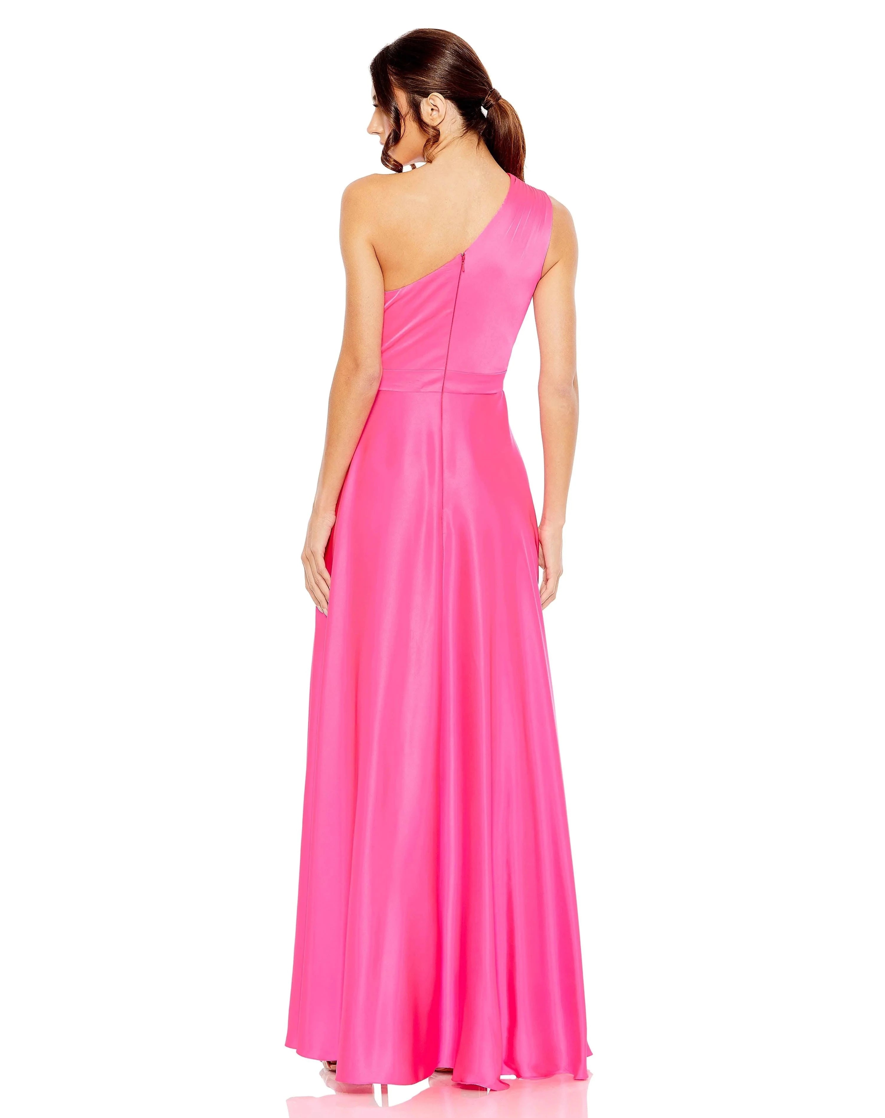 Glamorous A-Line One-Shoulder Sleeveless Zipper-Back High-Low Satin Prom Dress