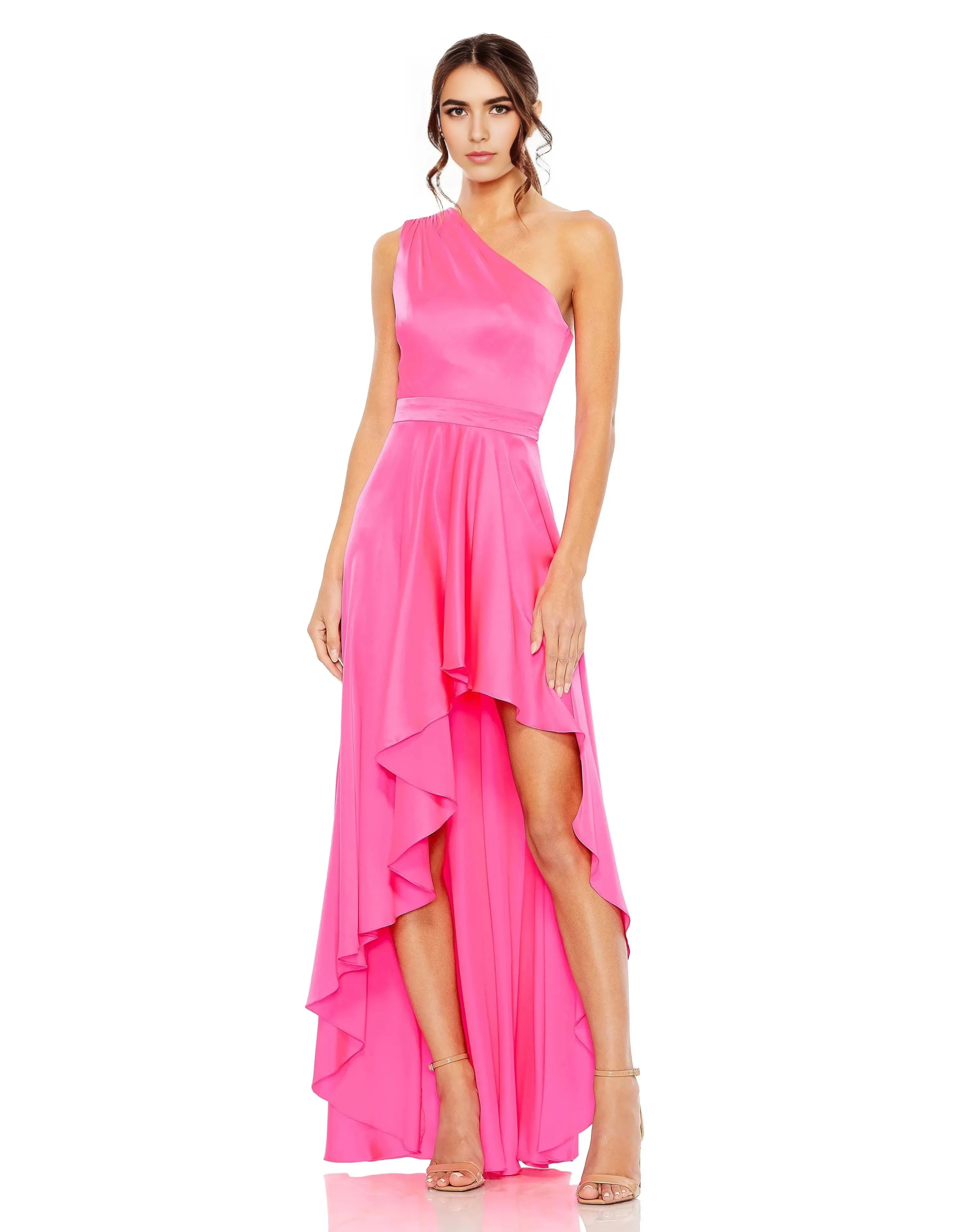 Glamorous A-Line One-Shoulder Sleeveless Zipper-Back High-Low Satin Prom Dress