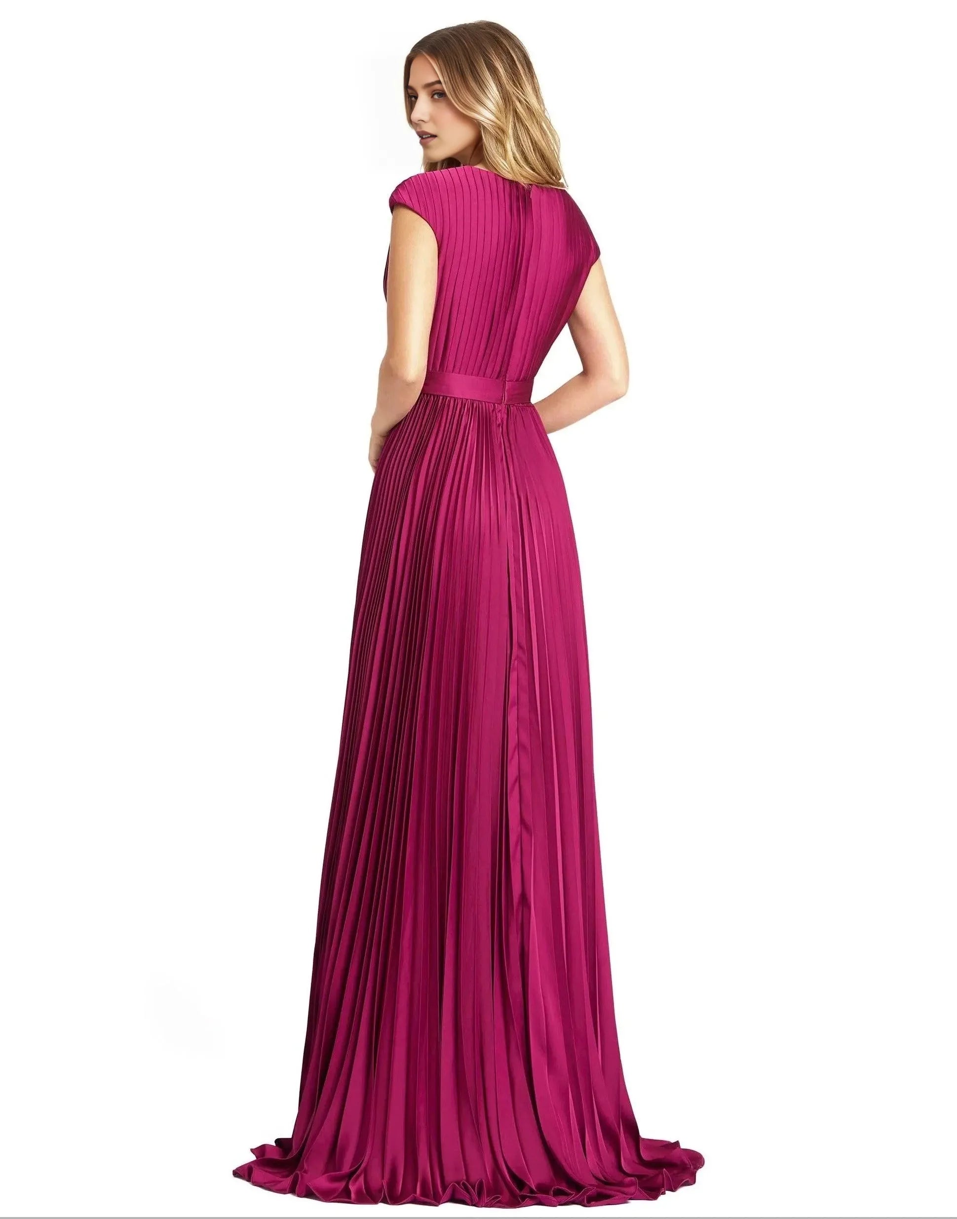 Glamorous A-Line Plunging-V Short-Sleeve Zipper-Back Floor-Length Pleated Prom Dress