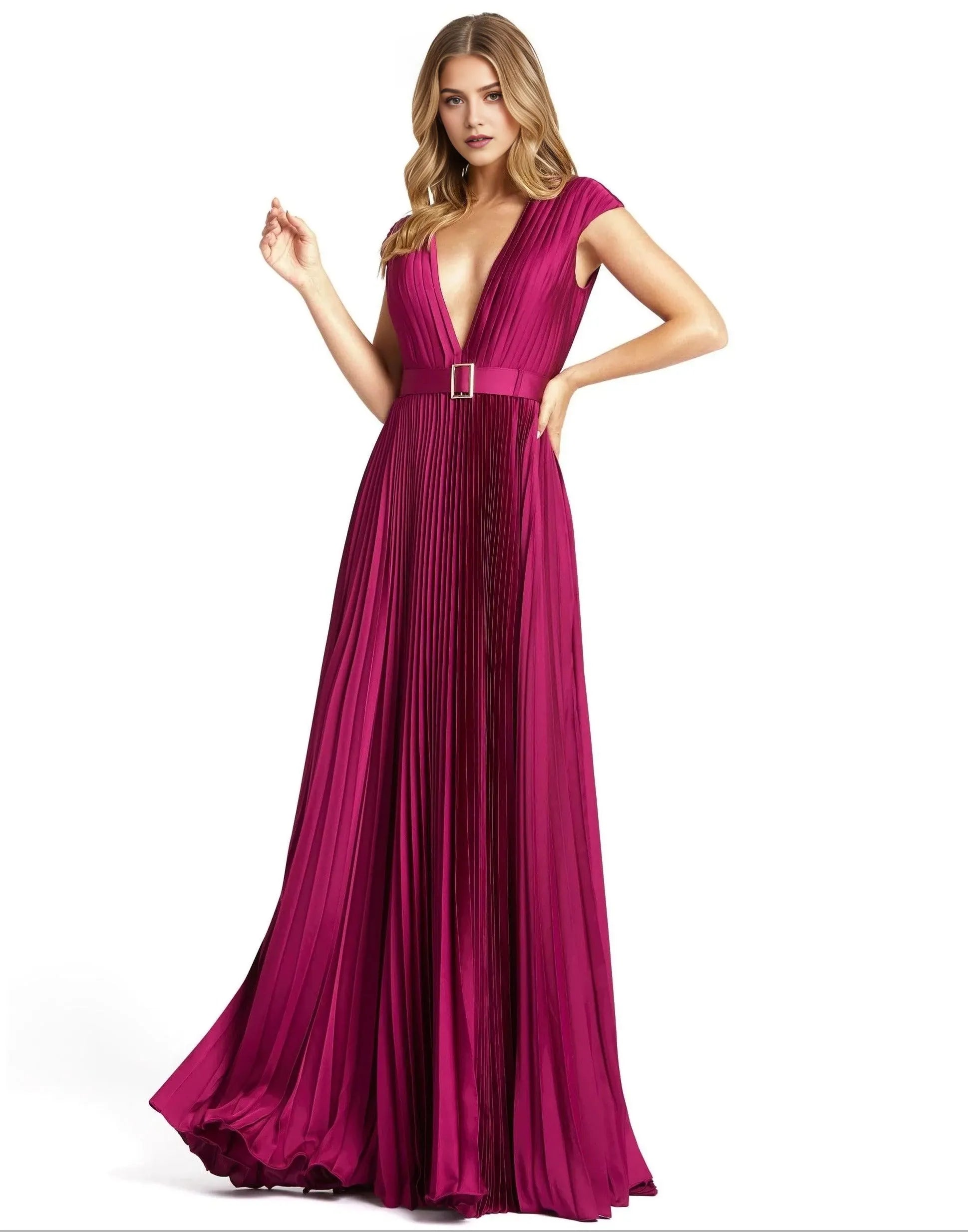 Glamorous A-Line Plunging-V Short-Sleeve Zipper-Back Floor-Length Pleated Prom Dress