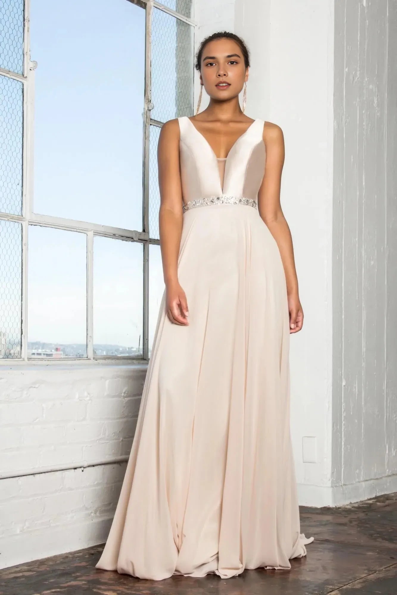 Glamorous A-Line Plunging-V Sleeveless Zipper-Back Floor-Length Prom Dress