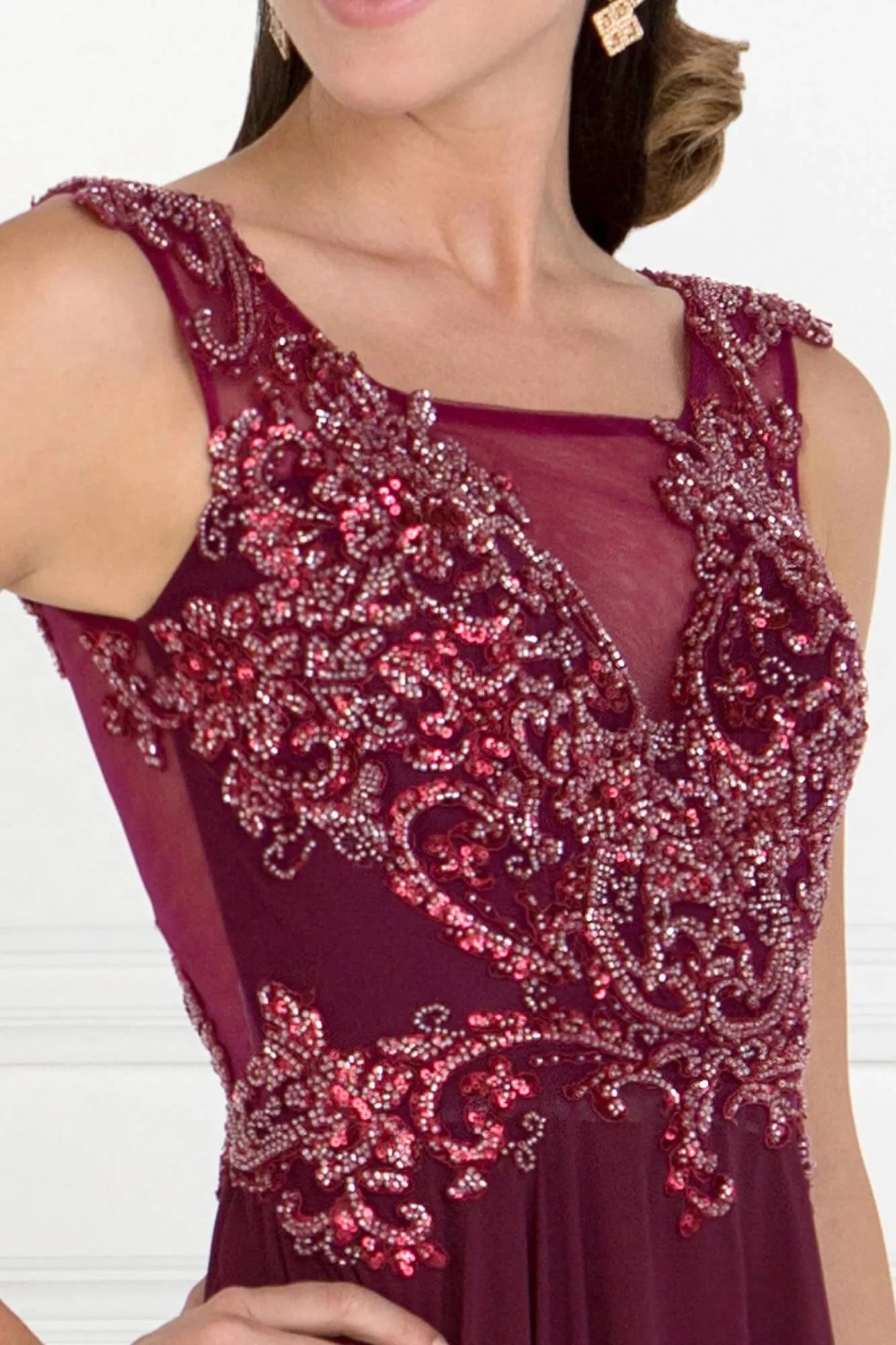 Glamorous A-Line Square-Neck Sleeveless Open-Back Floor-Length Beaded Prom Dress