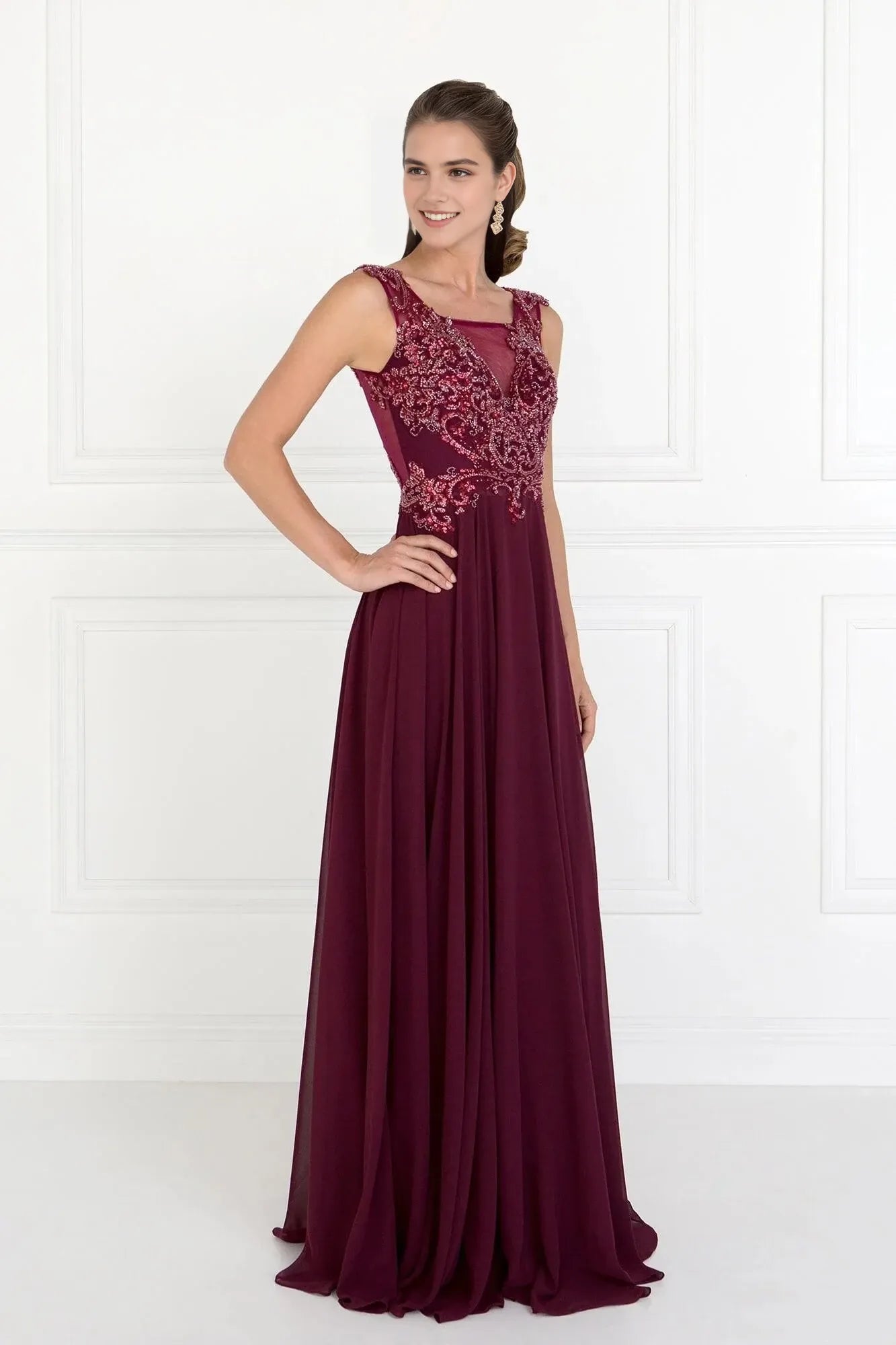 Glamorous A-Line Square-Neck Sleeveless Open-Back Floor-Length Beaded Prom Dress