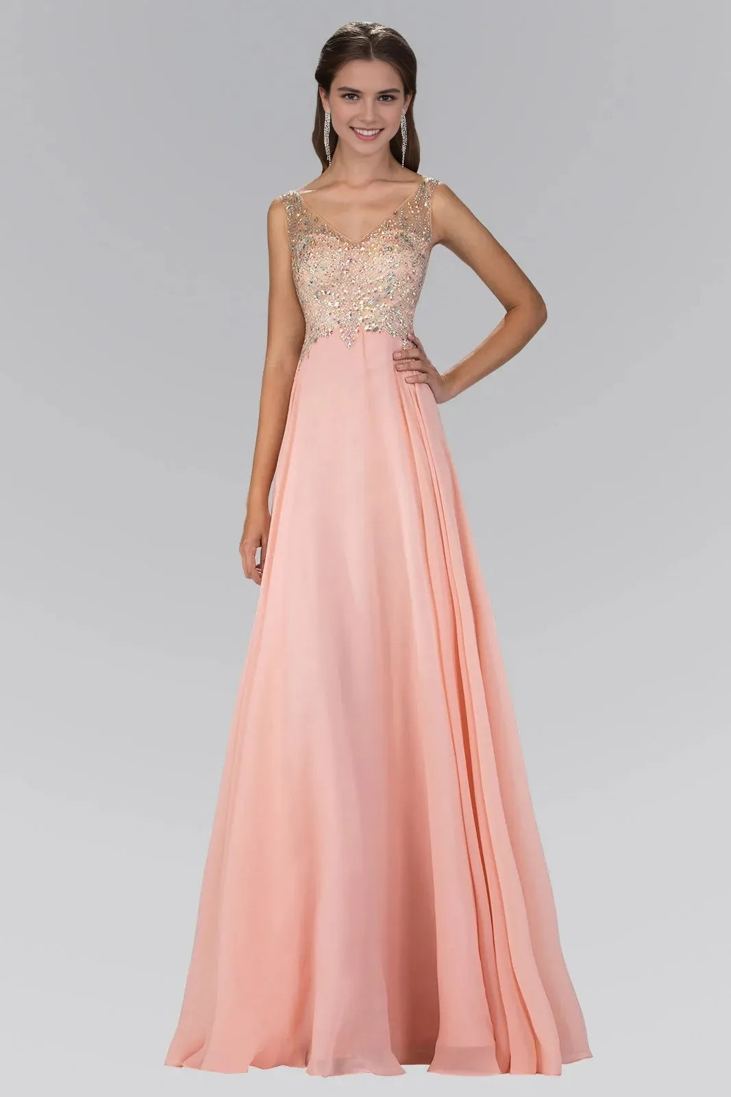 Glamorous A-Line V-Neck Sleeveless Open-Back Floor-Length Beaded Prom Dress