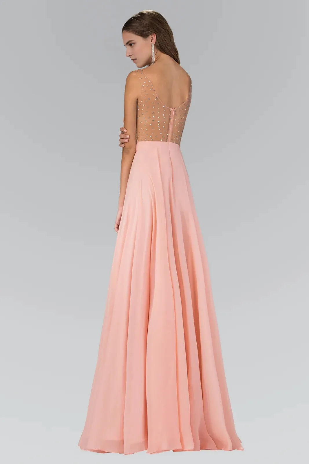 Glamorous A-Line V-Neck Sleeveless Open-Back Floor-Length Beaded Prom Dress