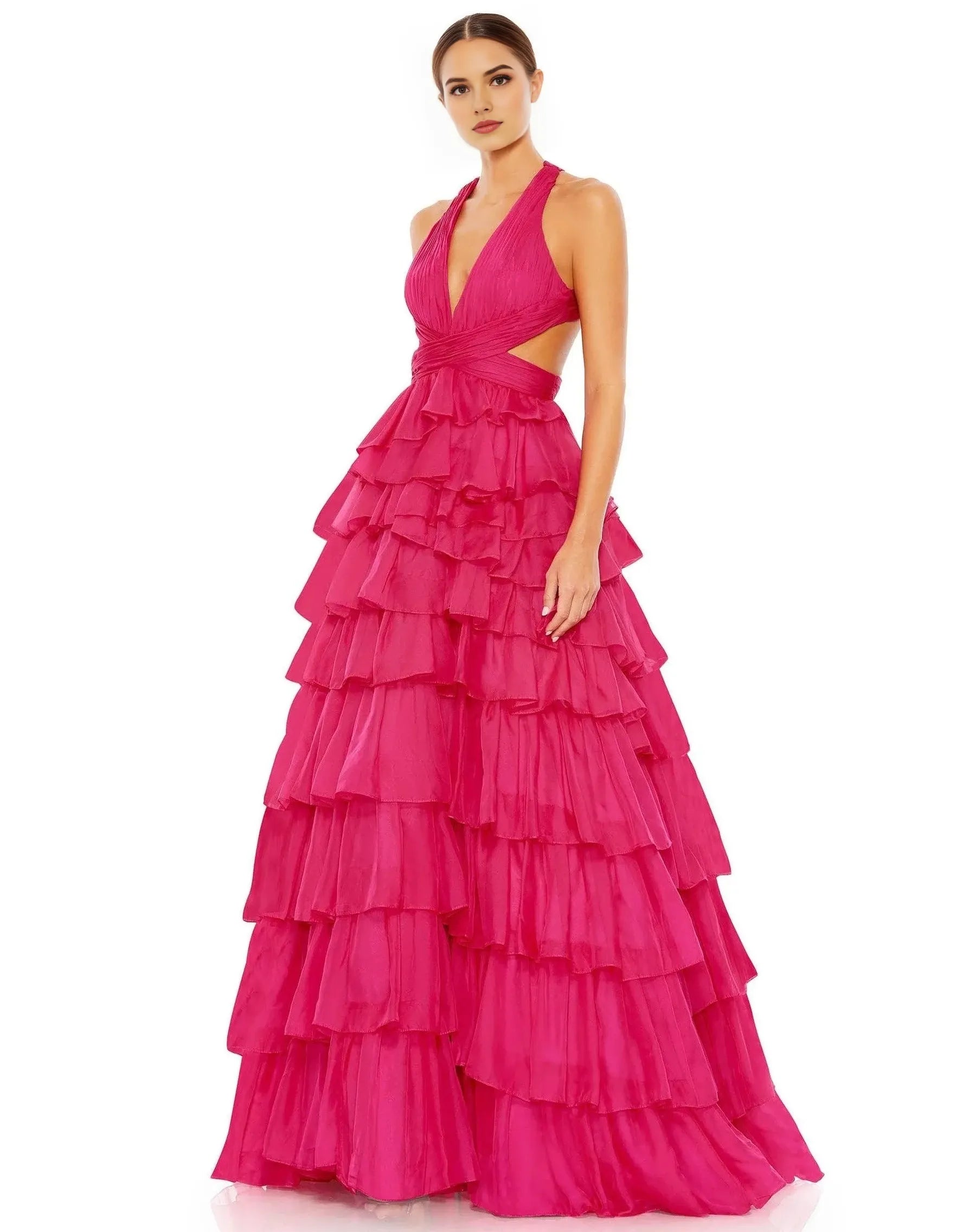 Glamorous Ball-Gown Halter Sleeveless Open-Back Floor-Length Ruffled Prom Dress